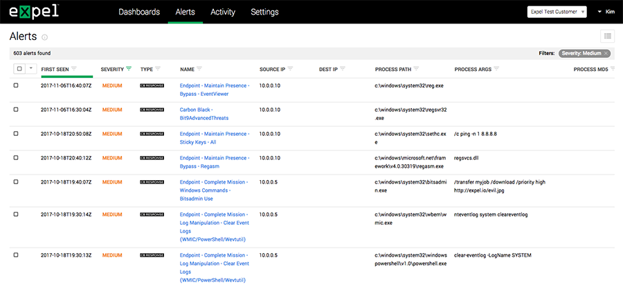 Expel Workbench alerts grid