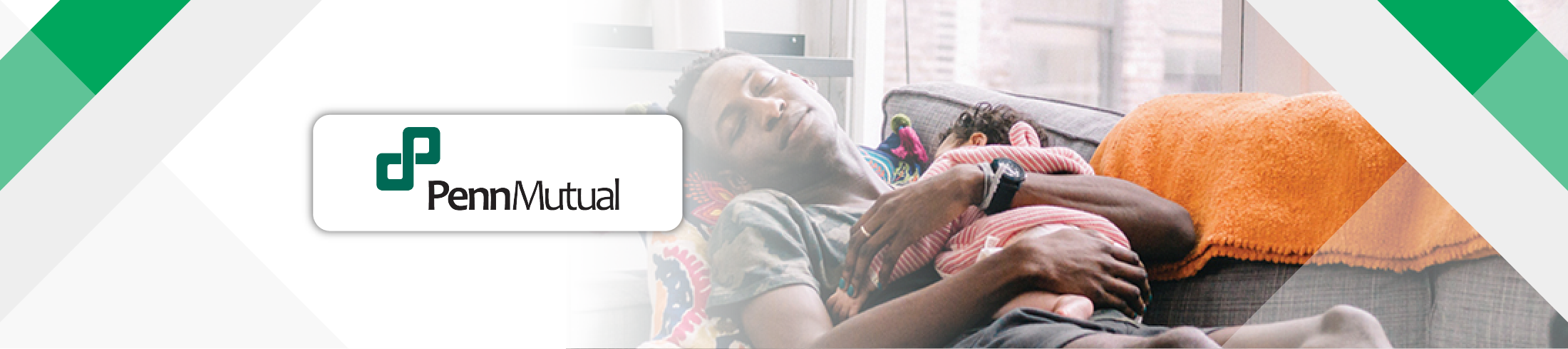 Father napping on couch with newborn child protected by Penn Mutual