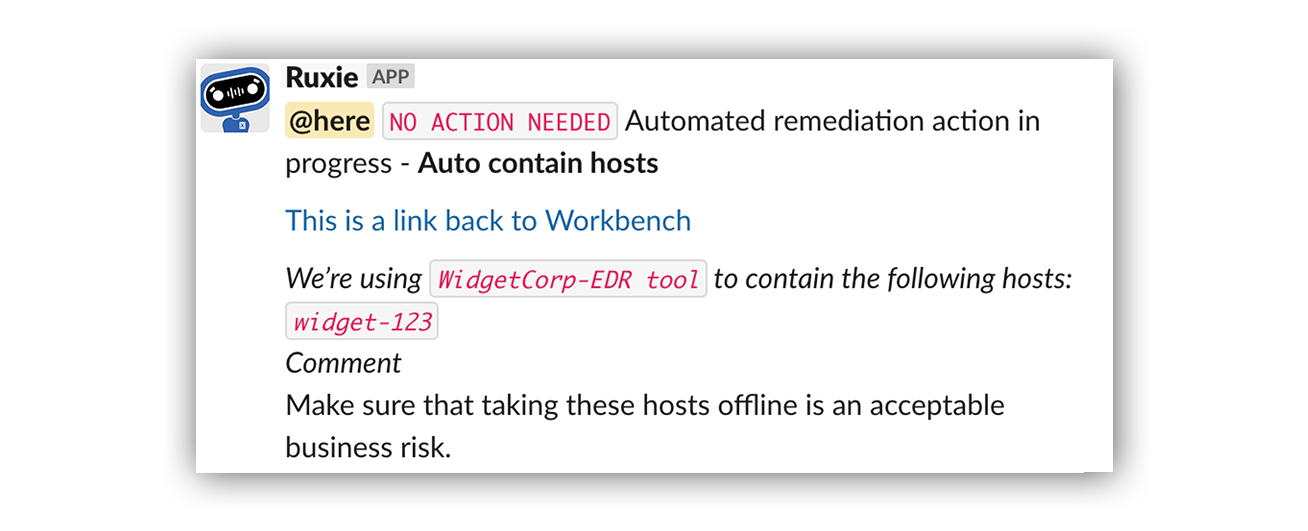 A picture of what an Expel auto remediation looks like when triggered in Slack from the article "what is auto remediation".