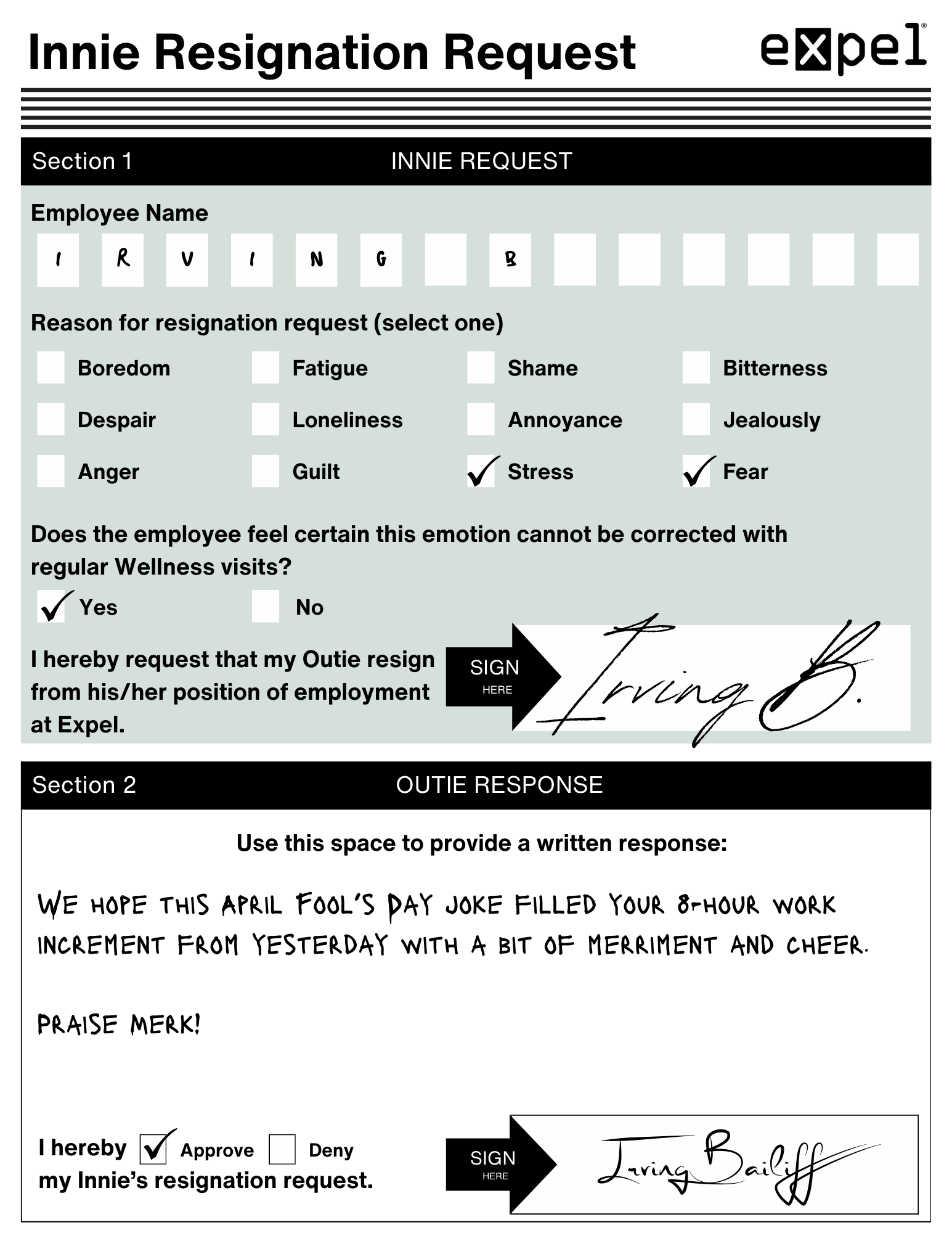 A mock innie resignation request from Irving B. 