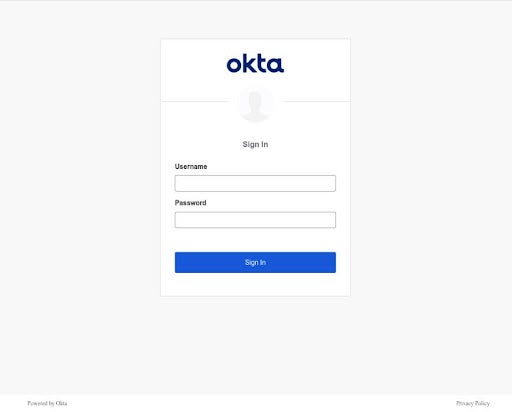 A screenshot of the spoofed Okta login page used for phishing. 