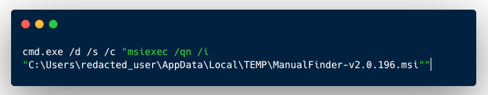A code snippet showing the command executed by ManualFinder.msi.