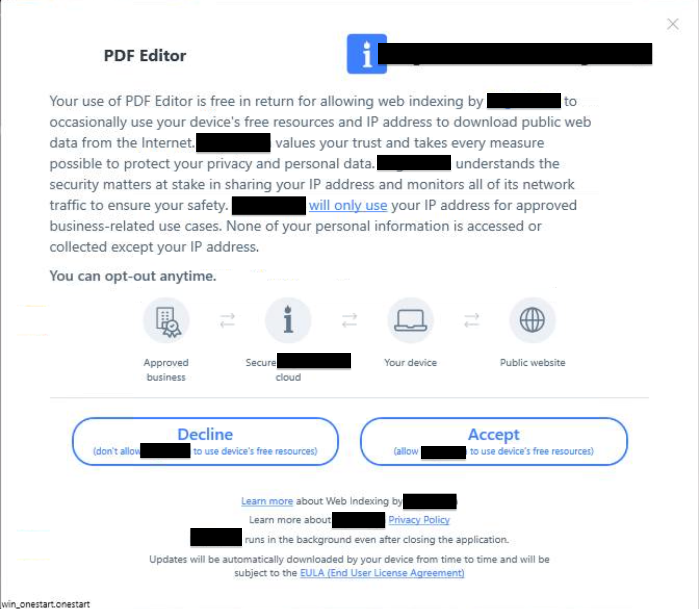 A screenshot of a pop-up shown to users for a free tool download agreement.