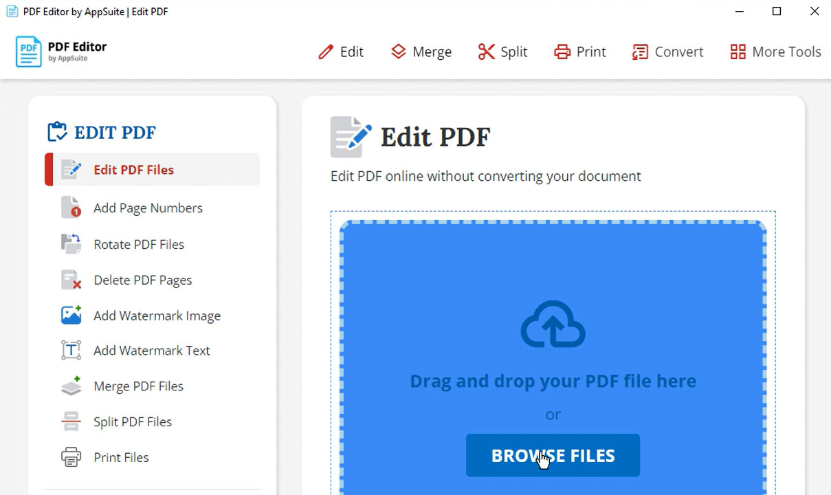 A screenshot of the AppSuite-PDF PDF editor website.