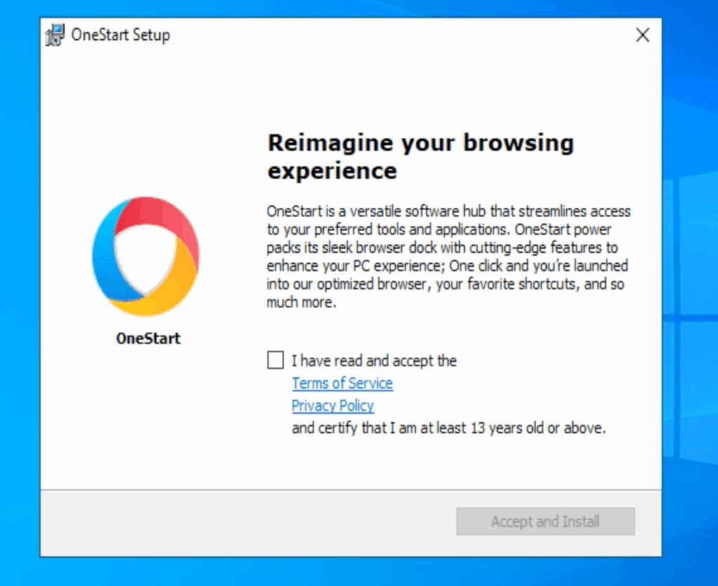 A screenshot of the OneStart installer prompt submitted to VirusTotal.