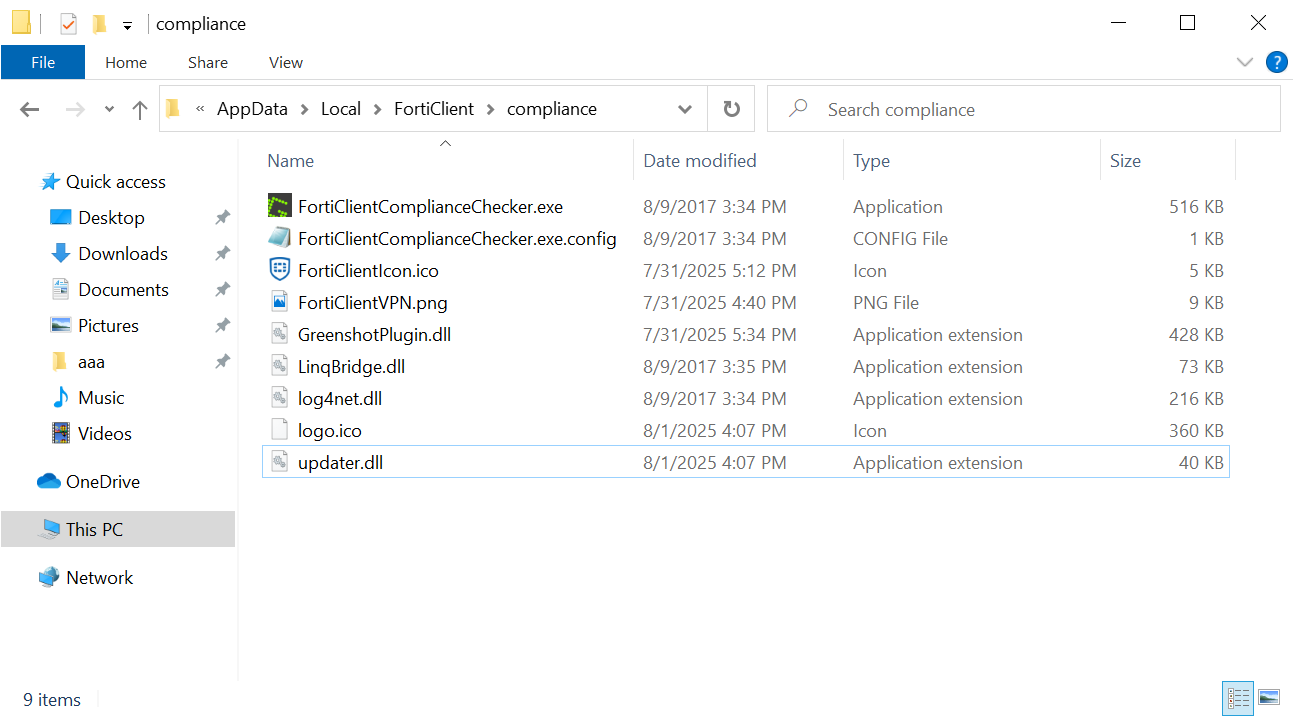 The files from the ZIP archive which is extracted to “%LOCALAPPDATA%\FortiClient\compliance”