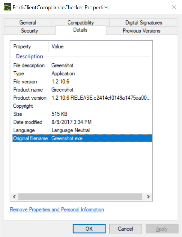 When we view the properties of FortiClientComplianceChecker.exe, we can see several references to Greenshot.