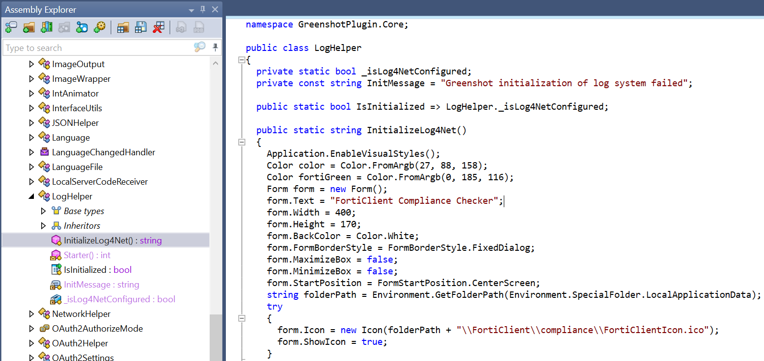 Code embedded in the Log4Net initialization function that replaces Greenshot’s UI with a fake FortiClient progress bar
