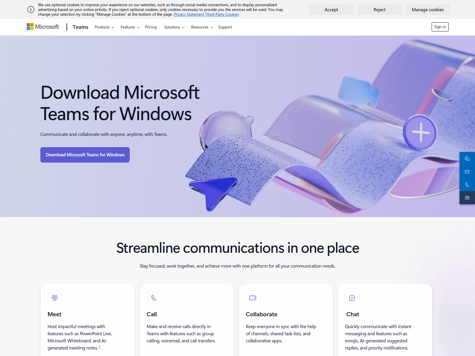 A screenshot of a Teams download page. 