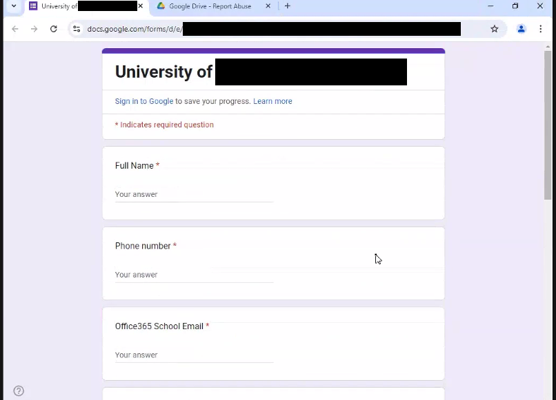 A screenshot of a malicious Google Form.