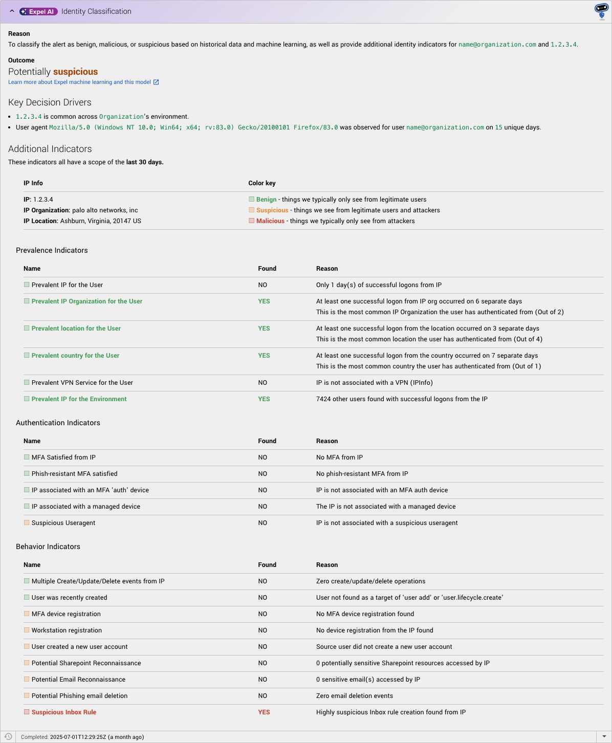 Expel Workbench™ explains the Identity Classification and AI’s decision analysis.