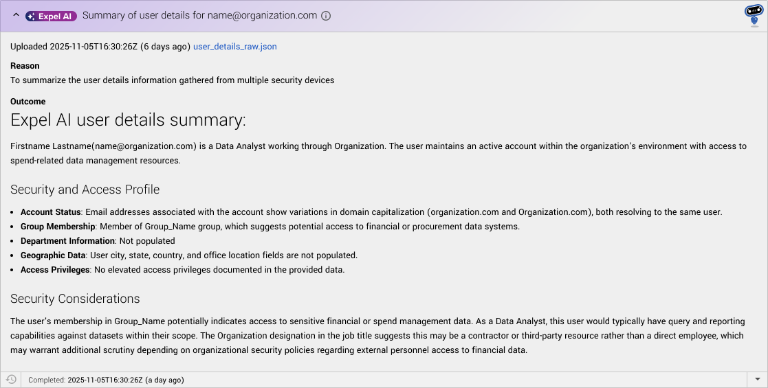 User context summary within Expel Workbench