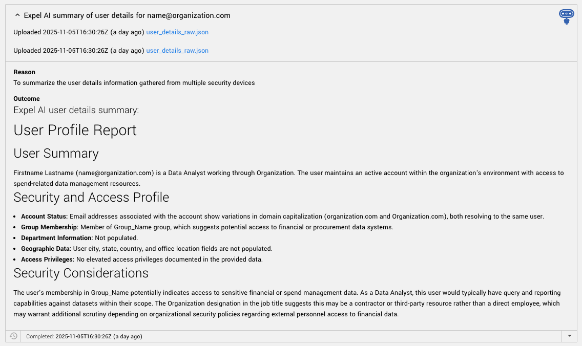 User context summary within Expel Workbench