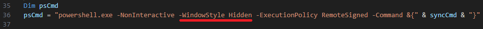 SyncAppvPublishingServer.vbs launching PowerShell.exe in hidden mode to run the sync command.