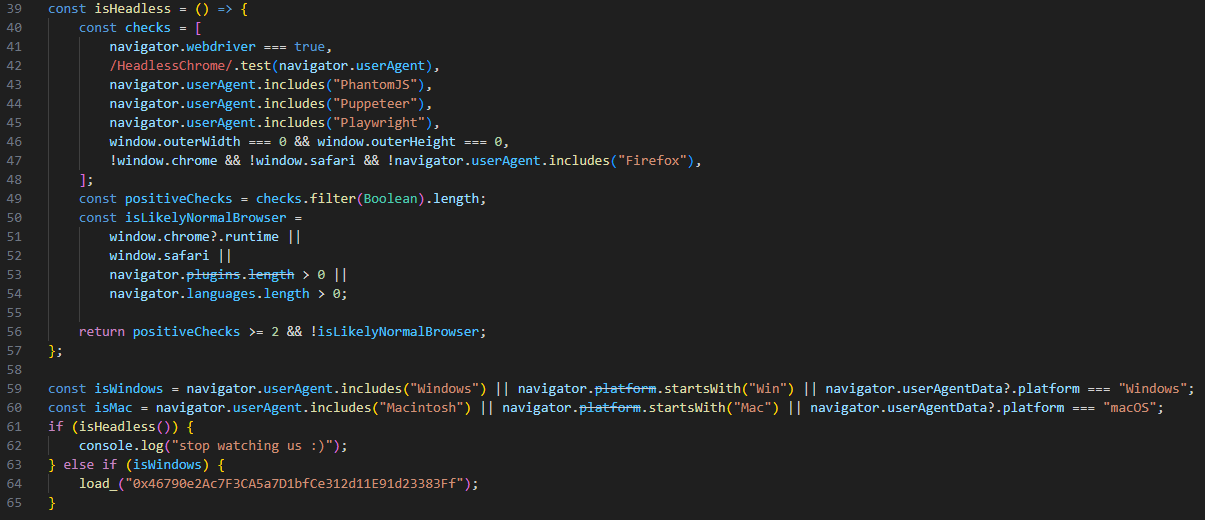 The anti-analysis code checks for uncommon web browsers before proceeding.