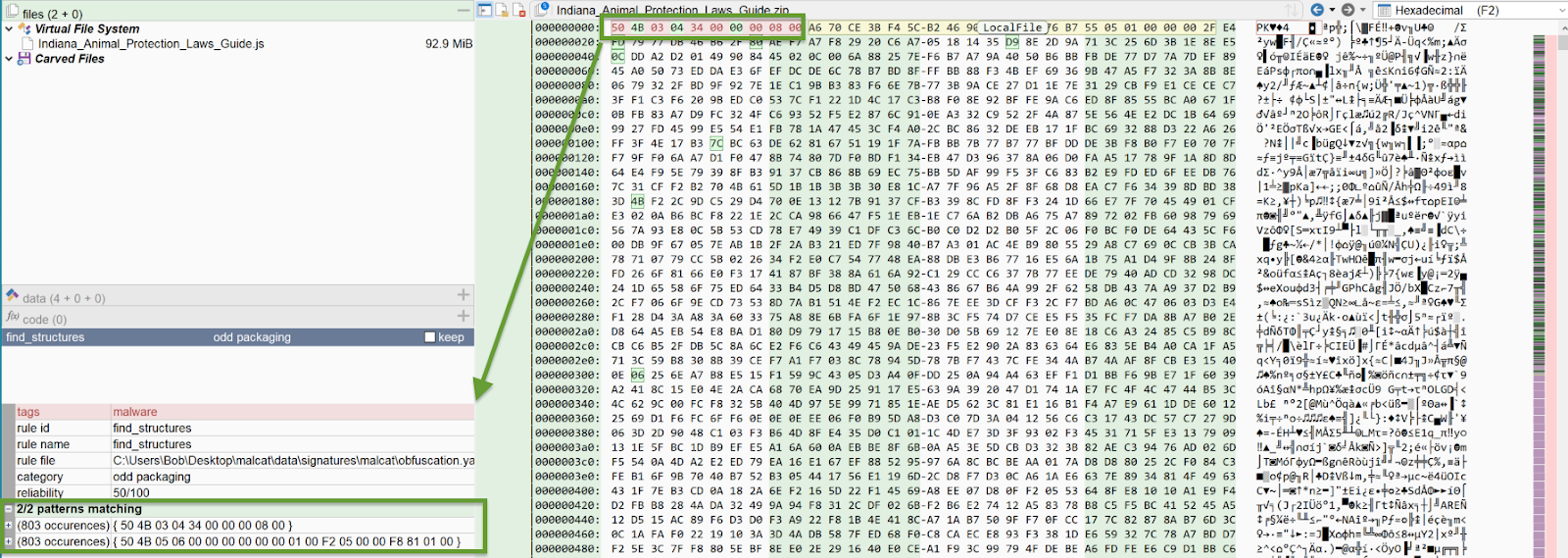 Malcat’s identification of 10 bytes of the Local File Header flagged by the YARA rule. The results on the left indicate that each pattern has matched 803 times.