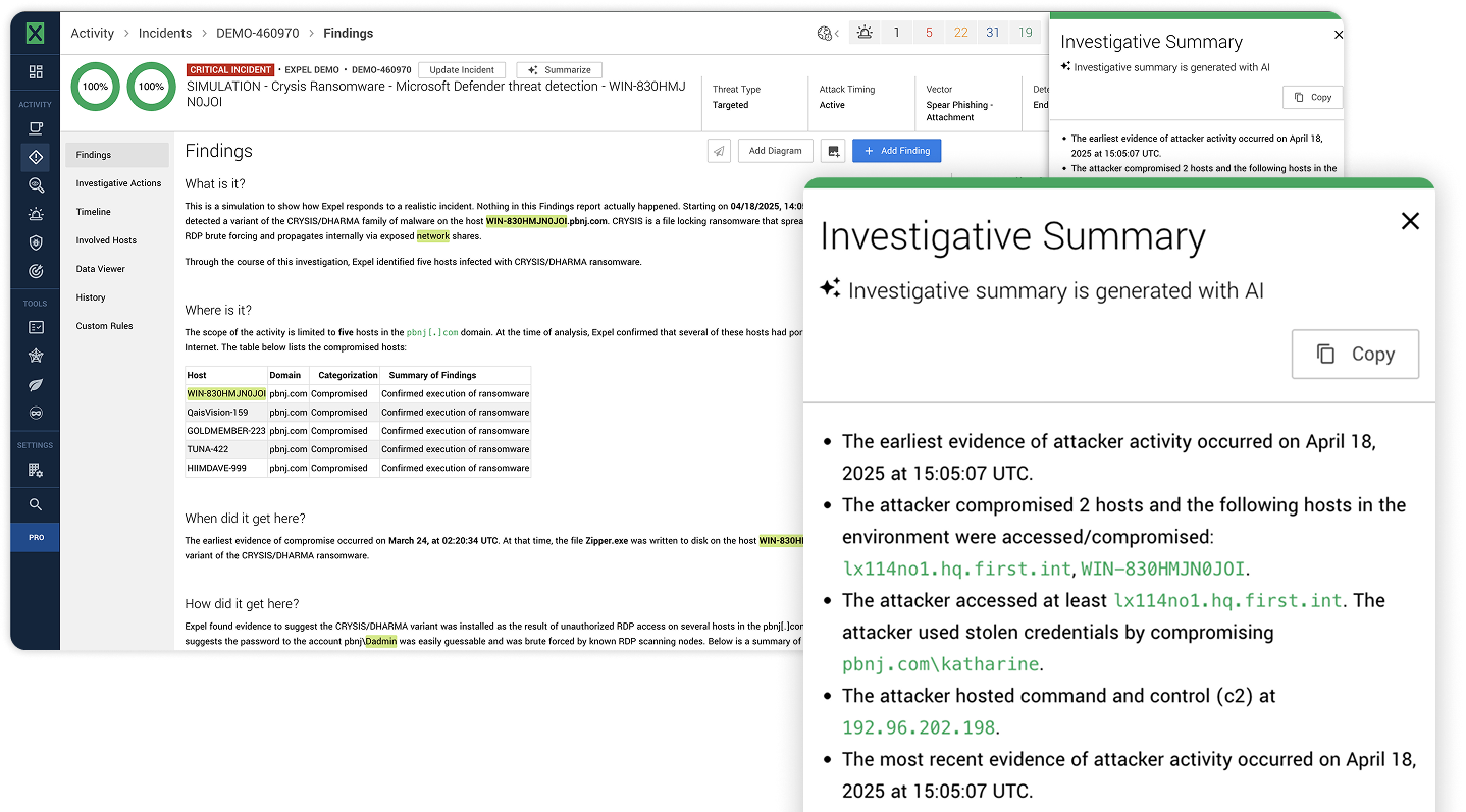AI-enriched security alert displaying automated context, risk classification, and recommended actions for analyst review.