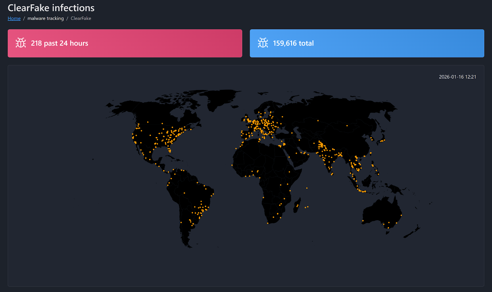 Geographical distribution of computer systems impacted by ClearFake.