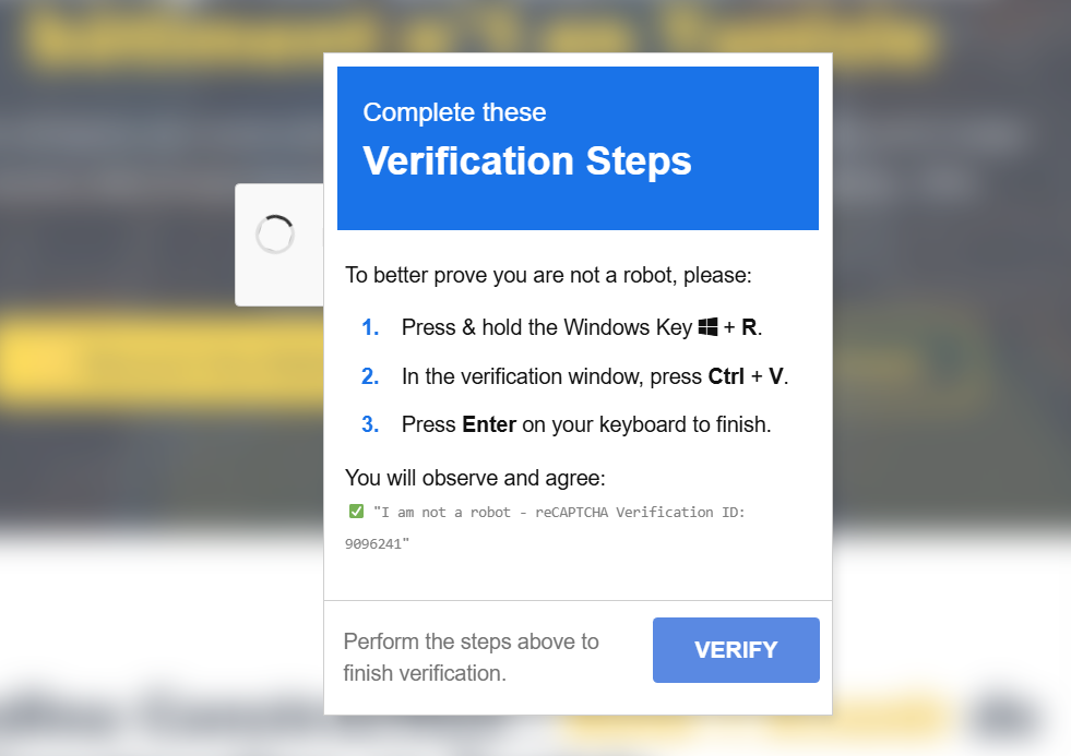 The website puts a malicious command on the user’s clipboard which ends with the “I am not a robot” statement. The statement pushes the malicious content out of view in the Windows Run window.