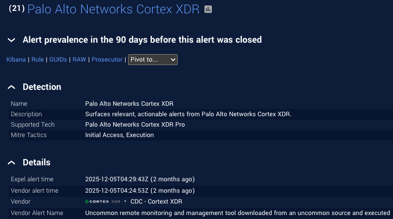 An example of an out-of-the-box vendor detection alert.