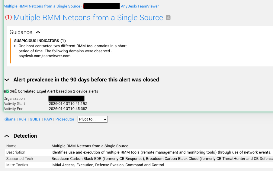 An example of an Expel RMM detection alert for multiple RMMs stemming from a single source.