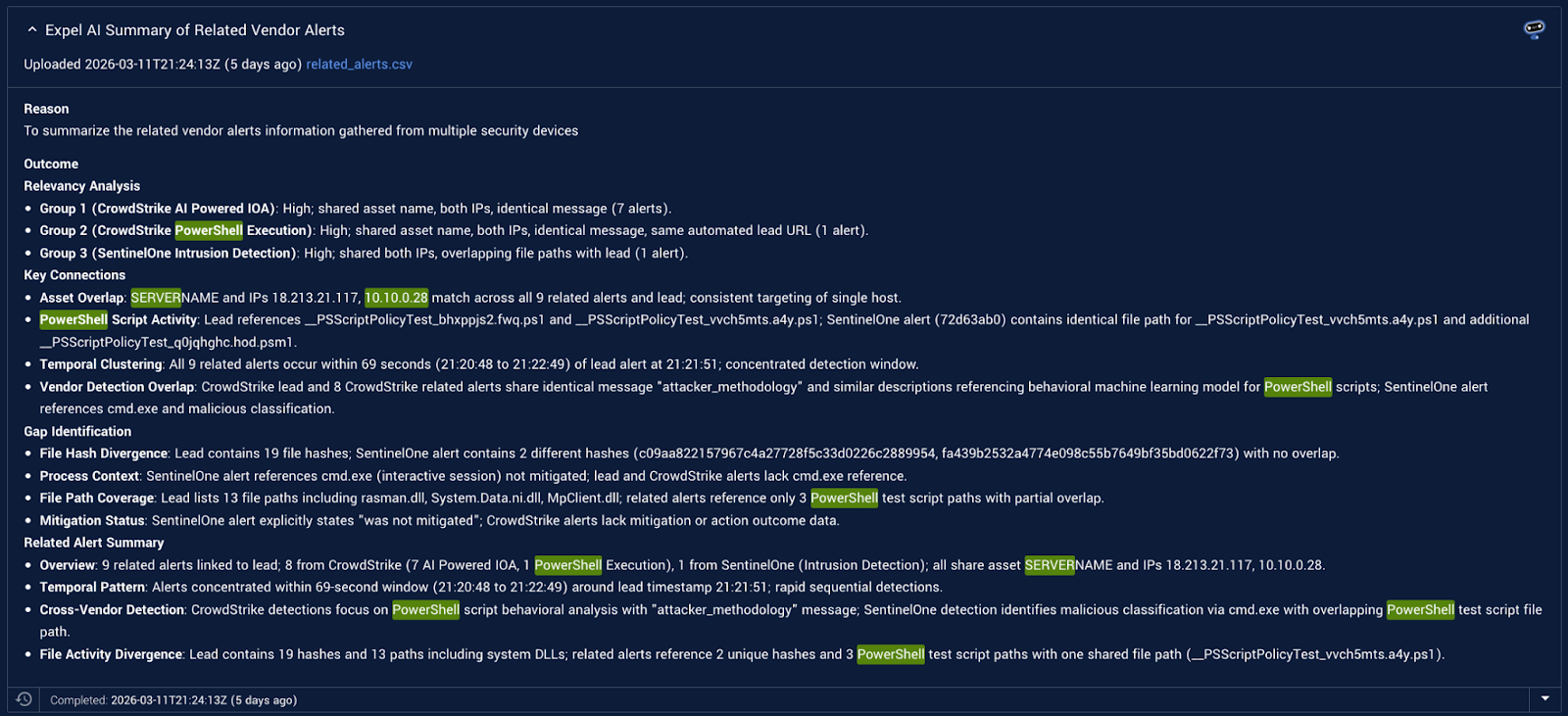 An example of Expel AI using the related alert summary power-up, shown in Expel Workbench.