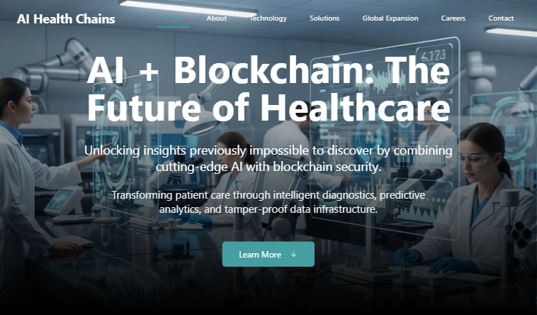 The homepage of AI Health Chains, which features an AI-generated video of lab workers as the website background.