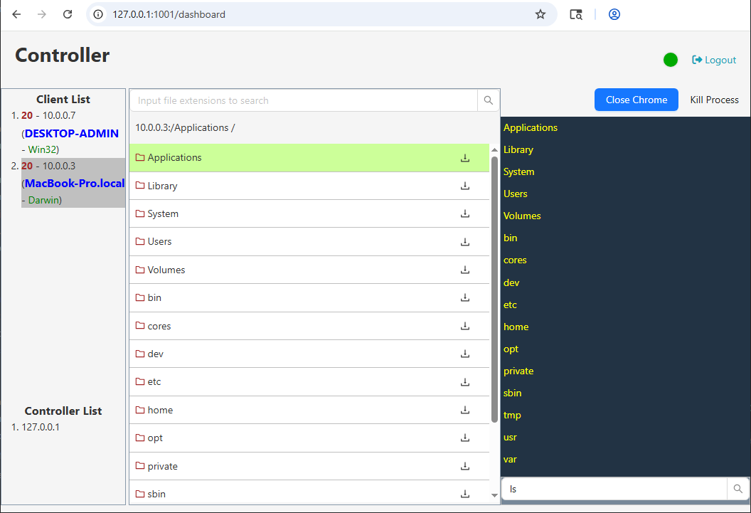The file explorer/reverse shell panel interacting with our test system. To simulate the panel, we built a backend server from scratch by reverse engineering the WebApp's communication protocol.