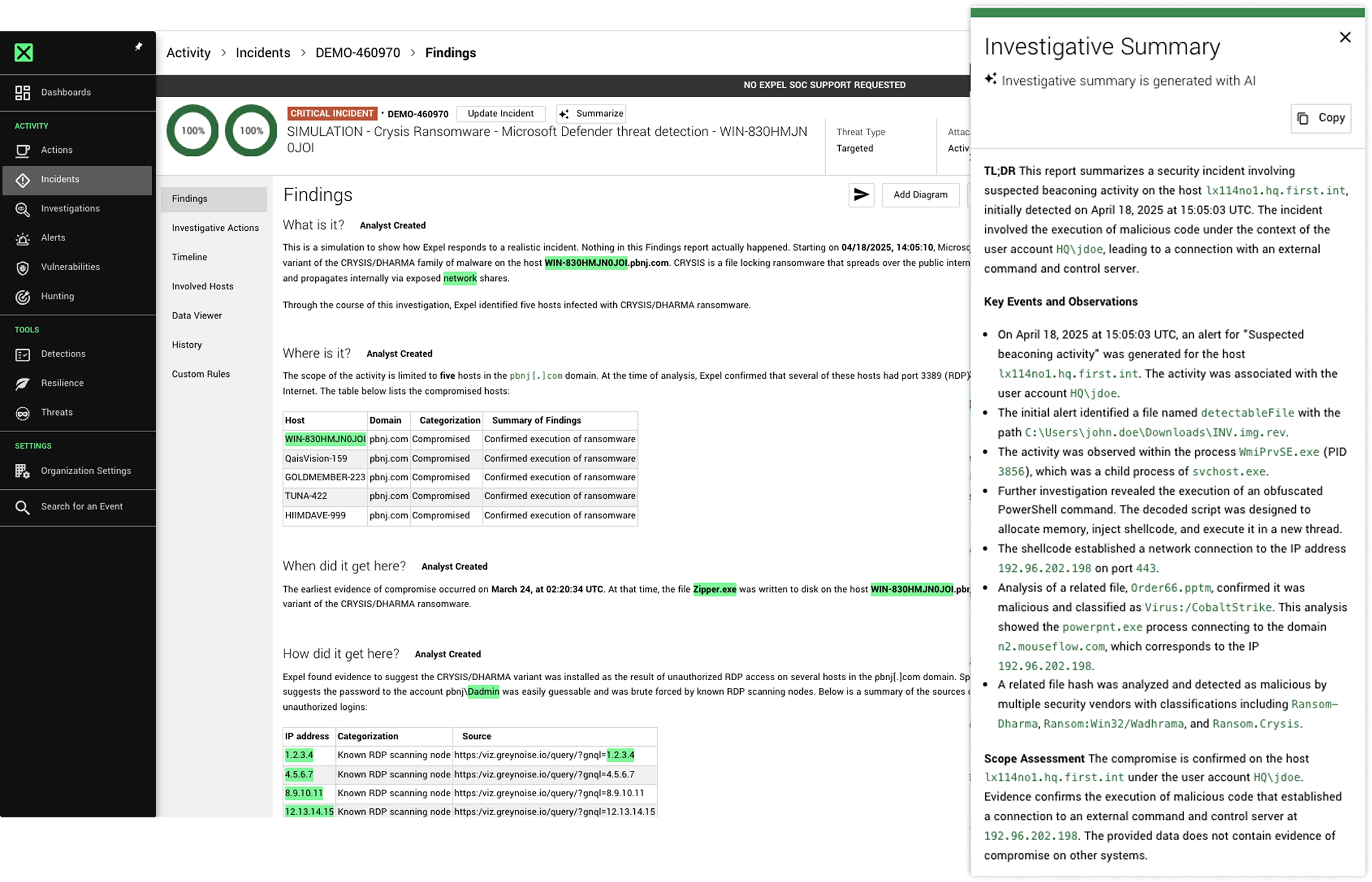 Ruxie synthesizes findings into plain-English analysis—what happened, what was done, what comes next—so analysts act on conclusions, not raw data.